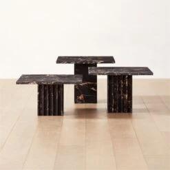 3-Piece Carve Square Black Marble Side Table Set
