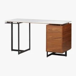 Fullerton 3-Drawer Metal And Walnut Wood Desk With White Marble Top -Cb2 Sales 2024 FullertonMdlrDskWDrwrLeg3QBS18