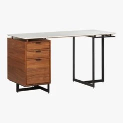 Fullerton 3-Drawer Metal And Walnut Wood Desk With White Marble Top -Cb2 Sales 2024 FullertonMdlrDskWDrwrLeg3QFS18