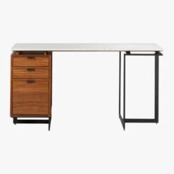 Fullerton 3-Drawer Metal And Walnut Wood Desk With White Marble Top -Cb2 Sales 2024 FullertonMdlrDskWDrwrLegS18