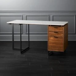 Fullerton 3-Drawer Metal And Walnut Wood Desk With White Marble Top