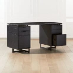 Fullerton 6-Drawer Black Oak Wood Desk With Black Marble Top -Cb2 Sales 2024 FullertonModBkDkW2BkDrwAV2SHF20 1x1