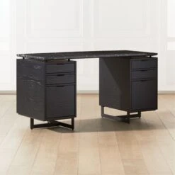 Fullerton 6-Drawer Black Oak Wood Desk With Black Marble Top -Cb2 Sales 2024 FullertonModBkDkW2BkDrwAVSHF20 1x1