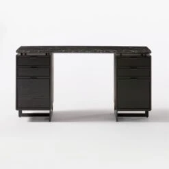 Fullerton 6-Drawer Black Oak Wood Desk With Black Marble Top -Cb2 Sales 2024 FullertonModBkDkW2BkDrwSOF20