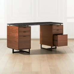 Fullerton 6-Drawer Walnut Wood Desk With Black Marble Top -Cb2 Sales 2024 FullertonModBkDkW2WltDrwAV2SHF20 1x1