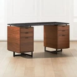 Fullerton 6-Drawer Walnut Wood Desk With Black Marble Top -Cb2 Sales 2024 FullertonModBkDkW2WltDrwAVSHF20 1x1