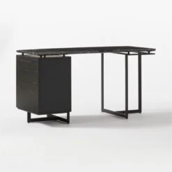 Fullerton 3-Drawer Black Metal And Oak Wood Desk With Black Marble Top -Cb2 Sales 2024 FullertonModBkDkWBkDrNLg3QBF20