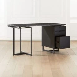 Fullerton 3-Drawer Black Metal And Oak Wood Desk With Black Marble Top -Cb2 Sales 2024 FullertonModBkDkWBkDrNLgAV2SHF20 1x1