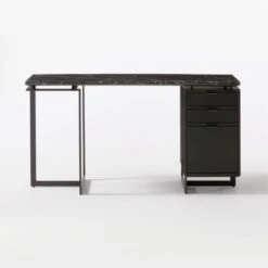 Fullerton 3-Drawer Black Metal And Oak Wood Desk With Black Marble Top -Cb2 Sales 2024 FullertonModBkDkWBkDrNLgSOF20