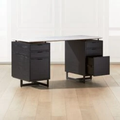 Fullerton 6-Drawer Black Oak Wood Desk With White Marble Top -Cb2 Sales 2024 FullertonModWtDkW2BkDrwAV2SHF20 1x1