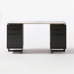 Fullerton 6-Drawer Black Oak Wood Desk With White Marble Top -Cb2 Sales 2024 FullertonModWtDkW2BkDrwSOF20