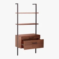 Helix 70" Walnut Bookcase With 2 Drawers -Cb2 Sales 2024 HelixShortShlf2DrwWalnut3QAVS20